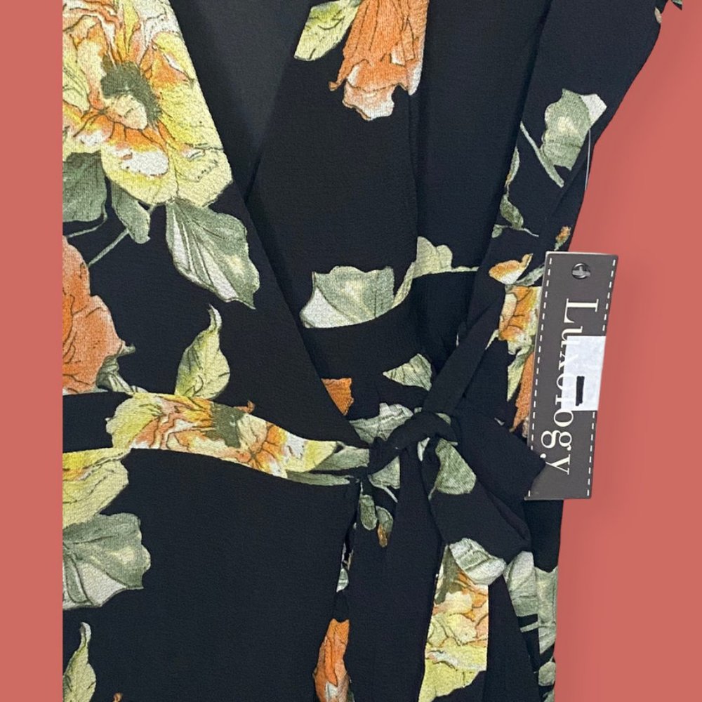 💐 NWT FLORAL RUFFLE WRAP DRESS BLACK ORANGE YELLOW LUXOLOGY SZ S - Picture 9 of 14